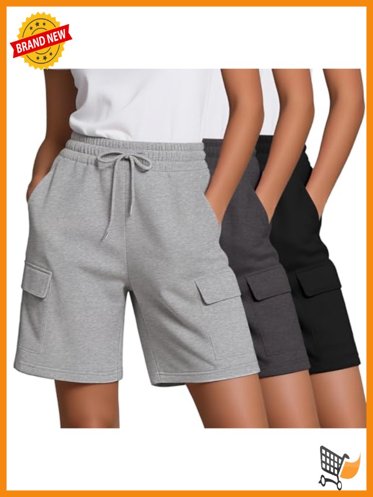 3 Pack Women's Bermuda Shorts Cargo Knee Length Drawstring Soccer Shorts With 4